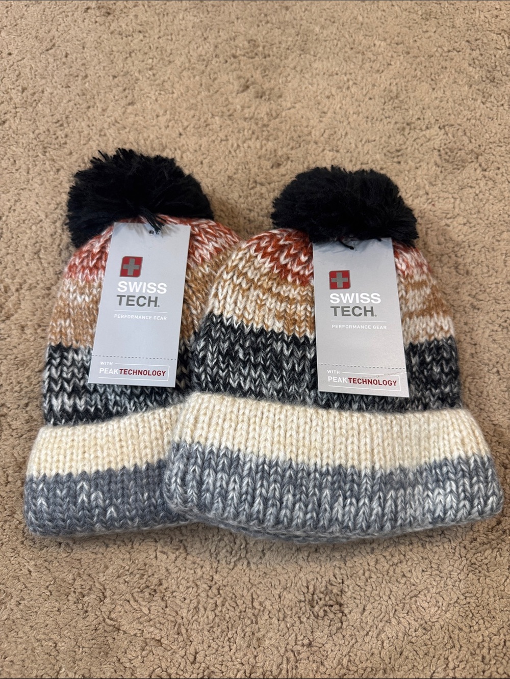 Swiss Tech Knit Pom Beanies in Cream, Gray, Black & Rust with Gloves